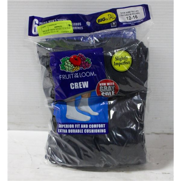 BLACK CREW SOCKS 12-16 SIZE 6-PACK FRUIT OF