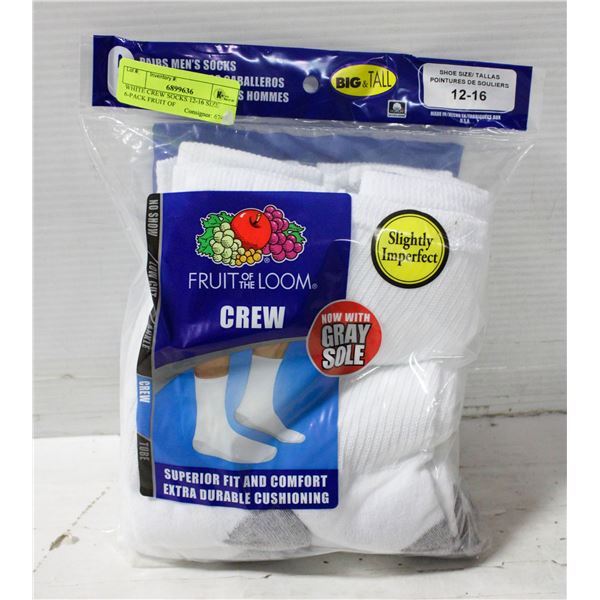 WHITE CREW SOCKS 12-16 SIZE 6-PACK FRUIT OF