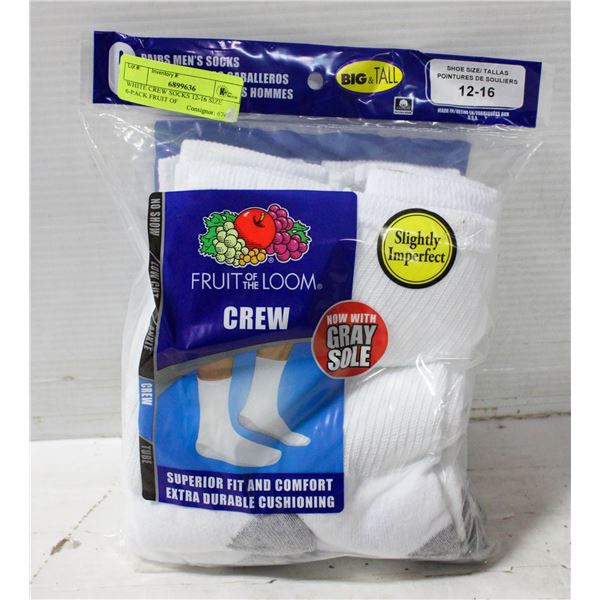 WHITE CREW SOCKS 12-16 SIZE 6-PACK FRUIT OF