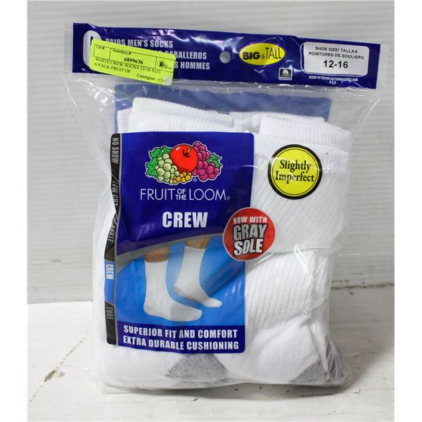 WHITE CREW SOCKS 12-16 SIZE 6-PACK FRUIT OF