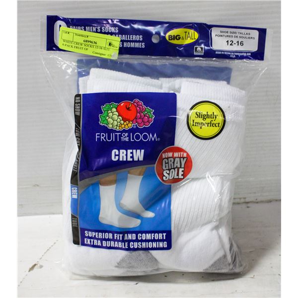 WHITE CREW SOCKS 12-16 SIZE 6-PACK FRUIT OF