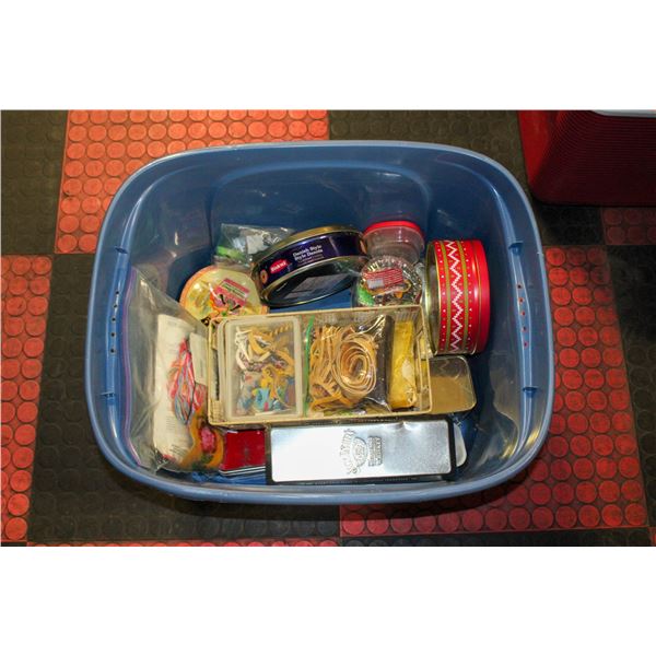 TUB FULL OF TINS OF VARIOUS CRAFTING SUPPLIES