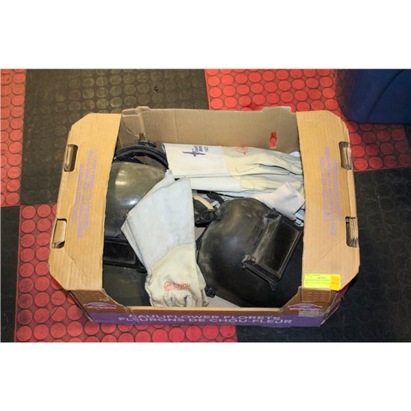 LOT OF WELDING EQUIPMENT INCLUDES MASKS AND GLOVES