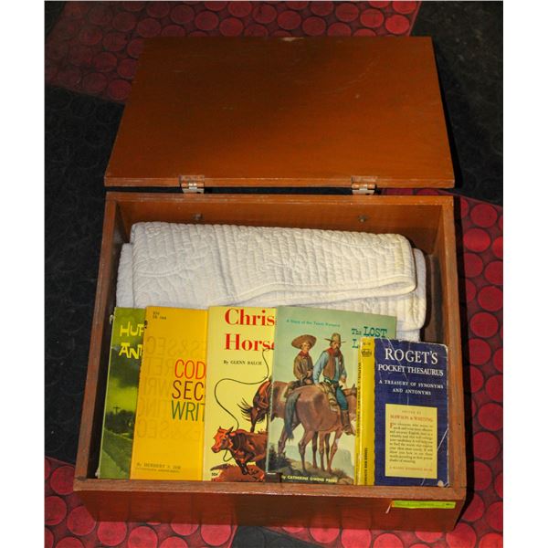 ESTATE WOODEN BOX WITH VINTAGE QUILT +