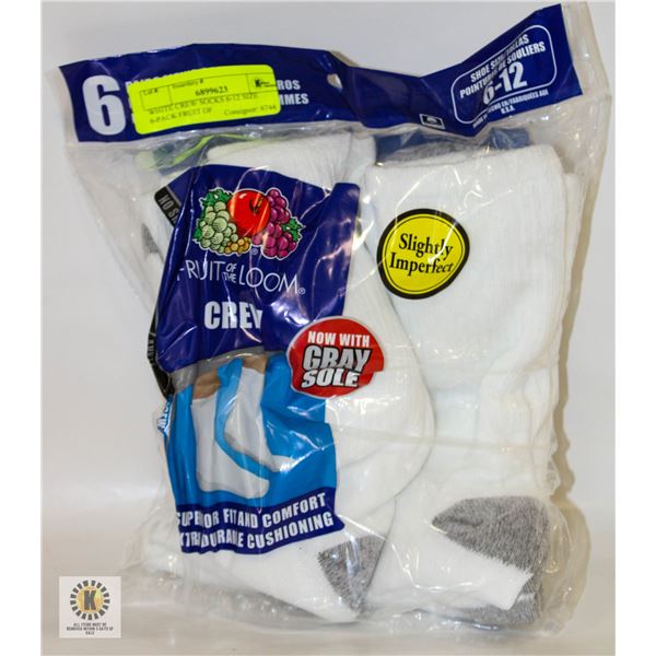 WHITE CREW SOCKS 6-12 SIZE 6-PACK FRUIT OF