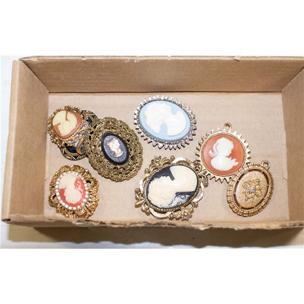 8 PIECES OF CAMEO JEWELRY. BROOCHES AND PENDANTS