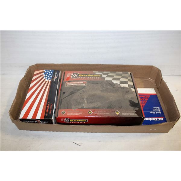 FLAT OF NEW AUTO PARTS; SPARK PLUGS/ BRAKE PADS &