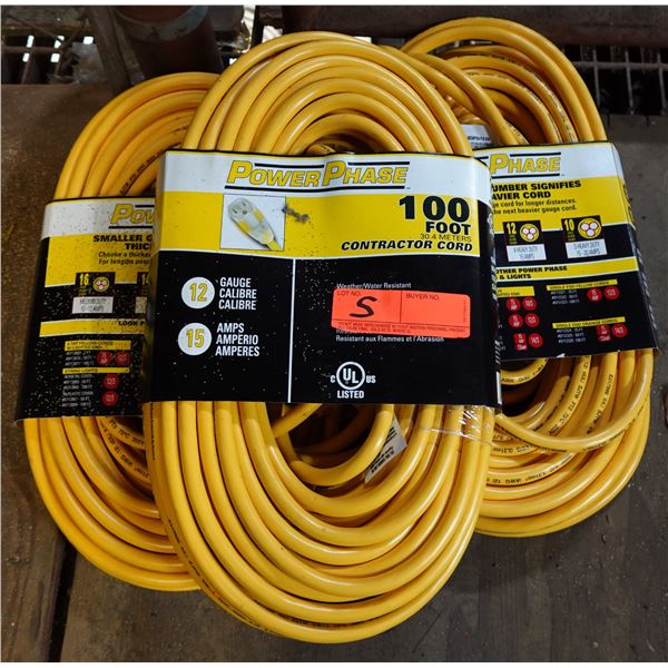 Qty 3 Power Phase 100 Foot 12 Gauge Contractor Cords