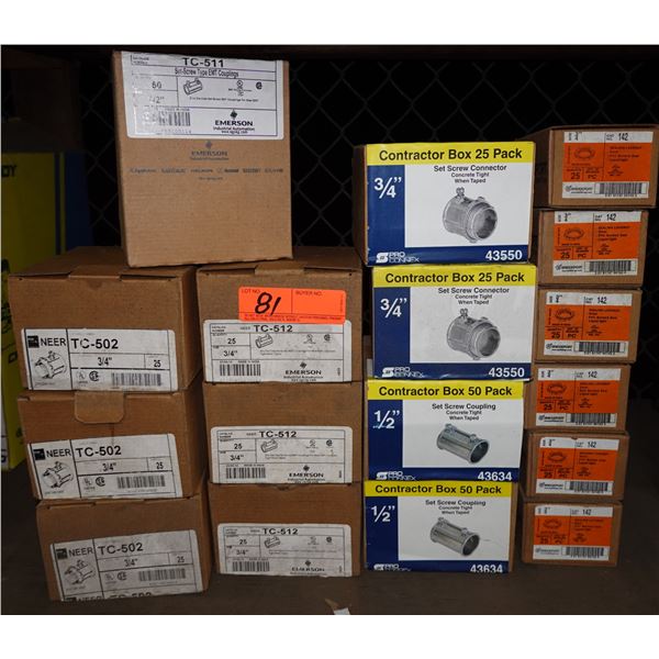 Qty 17 Boxes Emerson Set-Screw Couplings, Neer TC-502 & Pro Connex Connectors, Bridgeport Locknuts, 