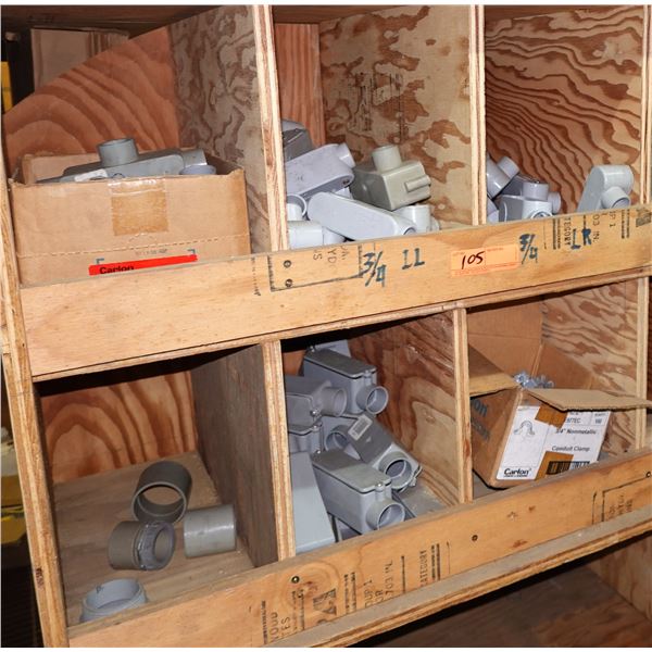 Contents of Shelf: Conduit Bodies & Covers, Clamps, Fittings, Hardware, etc