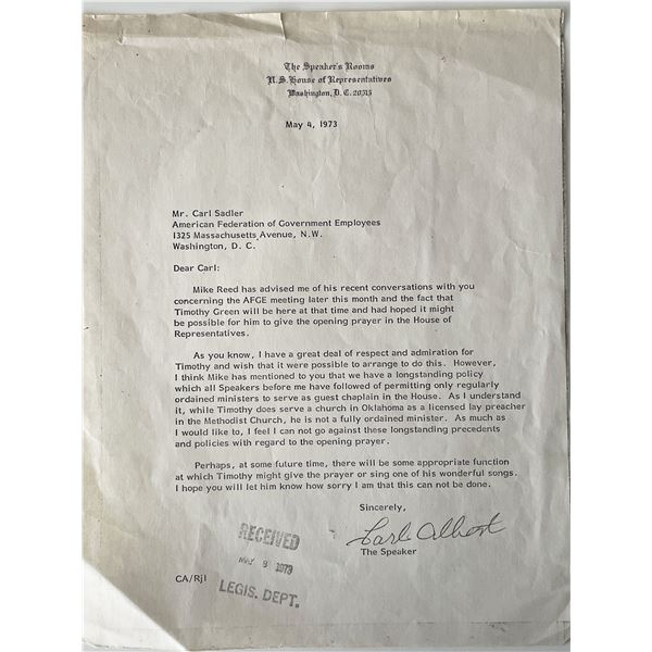 US House of Representatives Carl Albert signed letter