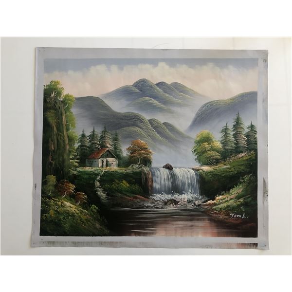 Mountain Cabin - Waterfall - Landscape Art