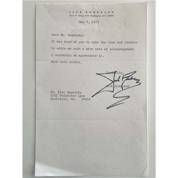 Newspaper columnist Jack Anderson signed note