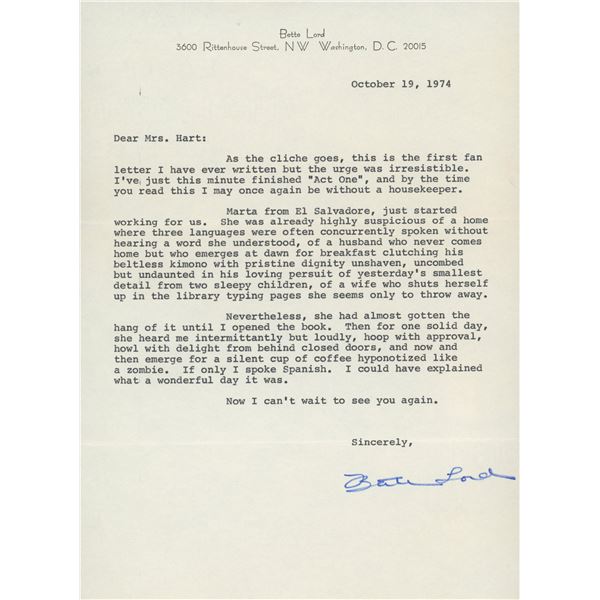 Bette Lord signed letter