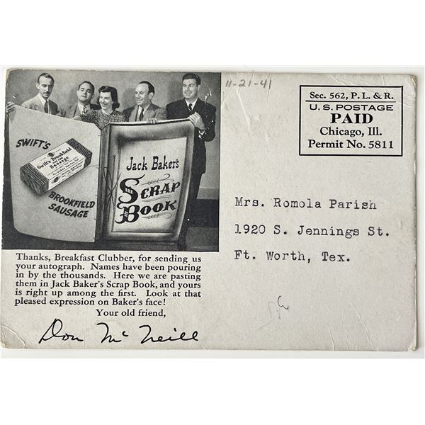 NBC Radio Don McNeill signed postcard