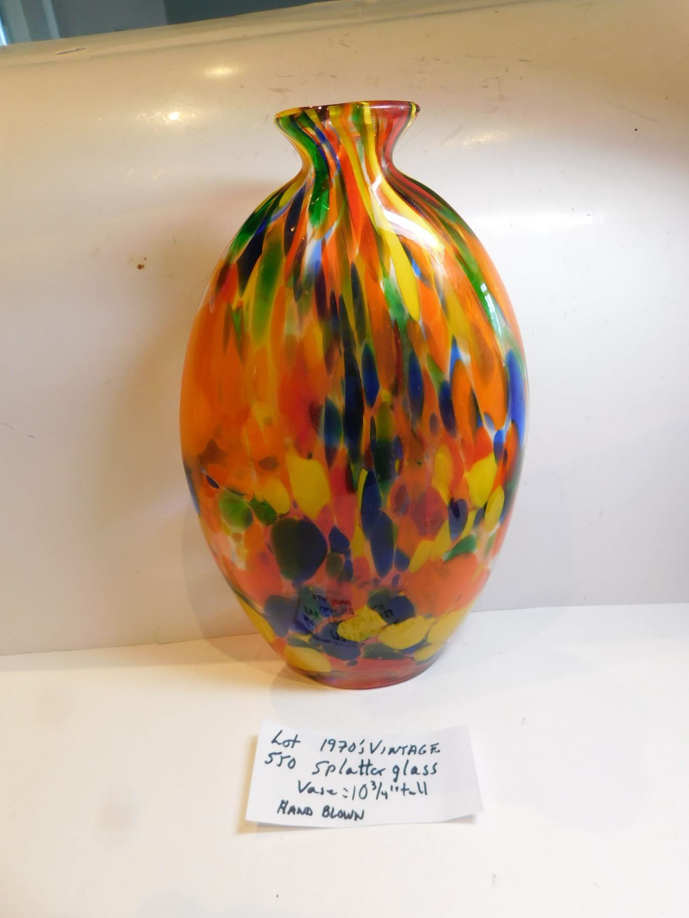 Splatter Glass 1970’S VINTAGE SPLATTER GLASS VASE 10 ¾” TALL - Schmalz Auctions
