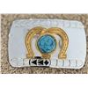 684  Vintage western belt buckle. Double horseshoe pattern with large turquois stone. 2 3/4 wide, 2 h