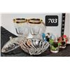 Image 1 : Vintage gold trimmed glasses & stemware. Footed candy bowl.