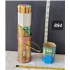 Image 1 : Brass match holder with striker & vintage tall match sticks.