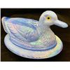 Image 3 : Westmoreland periwinkle slag blue duck on nest carnival glass with glass eyes