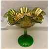 Image 1 : Fenton 1907 green carnival glass Persian medallion- crimped edge top compote