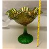 Image 2 : Fenton 1907 green carnival glass Persian medallion- crimped edge top compote