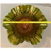 Image 3 : Fenton 1907 green carnival glass Persian medallion- crimped edge top compote