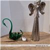 Image 1 : green glass swan, metal tags , metal figurine (swan 10" tall)(tree topper is 16")