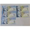 Image 1 : Lot fo 5 consequtive no. 2008 Bank of canada $5 bills- uncirculated
