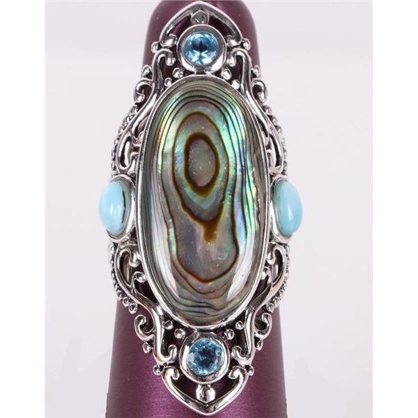 LARIMAR, ABALONE, & TOPAZ STERLING SILVER RING