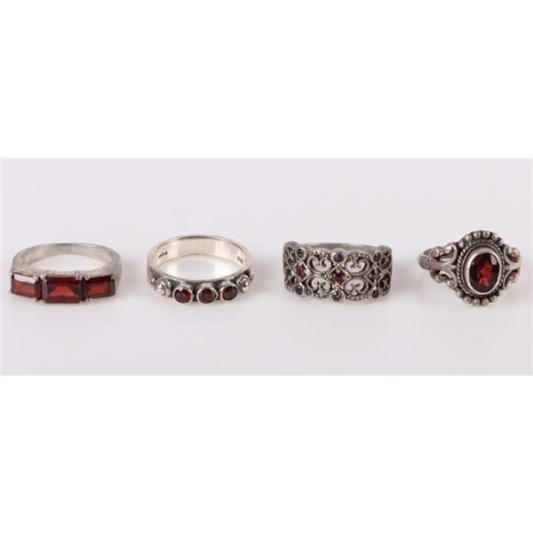 RED GARNET STERLING SILVER LADIES RINGS - (4)