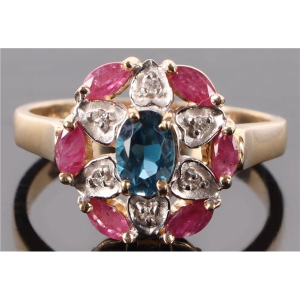 10K  RUBY, TOPAZ & DIAMOND CLUSTER RING