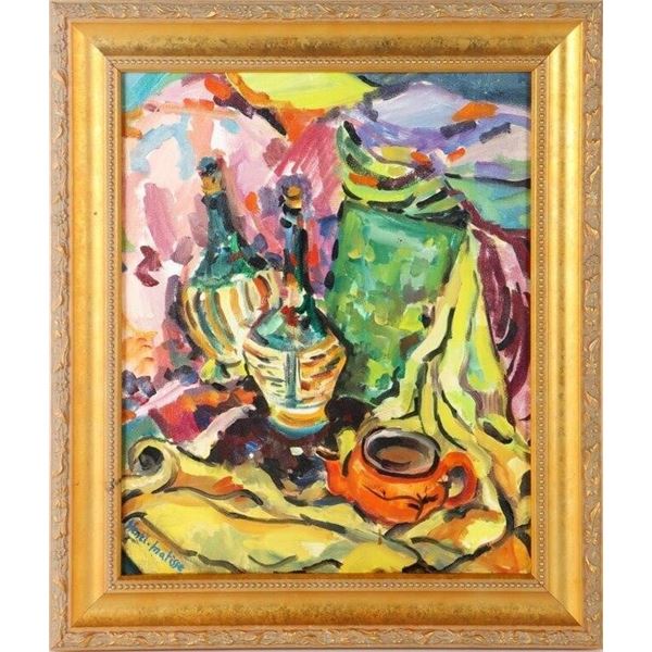 ORIGINAL BOTTLES ON TABLE STILL LIFE PAINTING