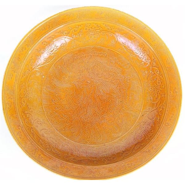 YONGLE MARKED CHINESE YELLOW PORCELAIN CHARGER