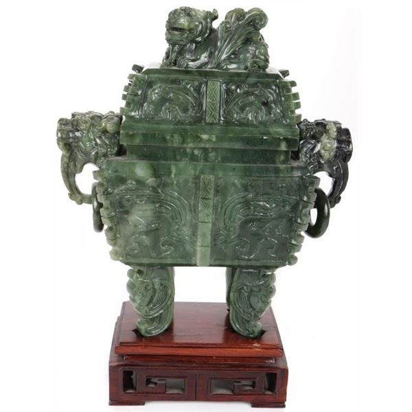 ANTIQUE CHINESE SPINACH JADE CARVED INCENSE BURNER