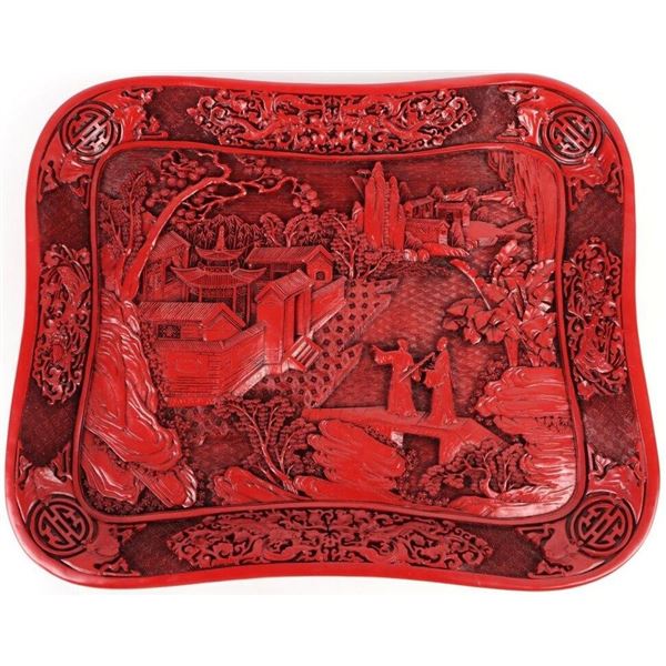 CHINESE CINNABAR & LACQUERED CARVED PLATE