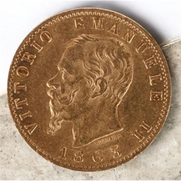 90% GOLD 1863 ITALIAN V. EMANUELE II 20 LIRE COIN