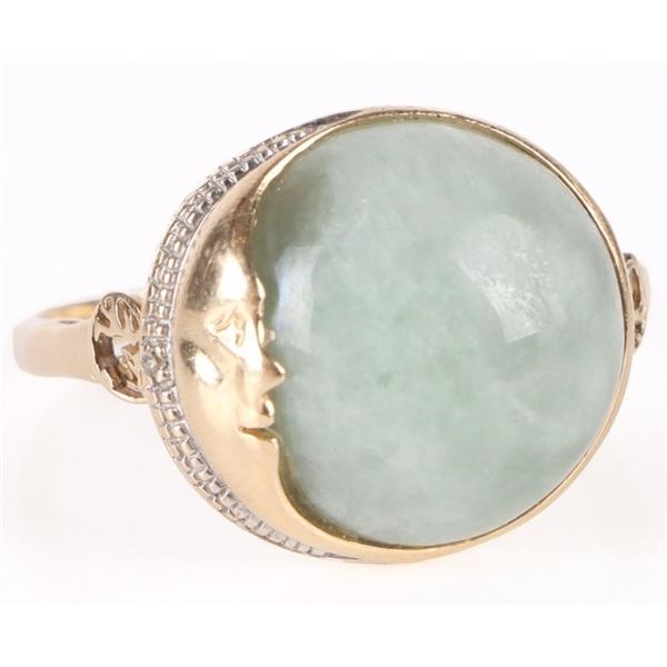 14K GOLD LIGHT GREEN JADE MOON LADIES RING