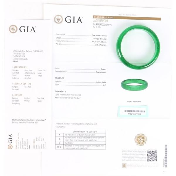 B+C GRADE GREEN JADE HOLOLITH BANGLE GIA CERT