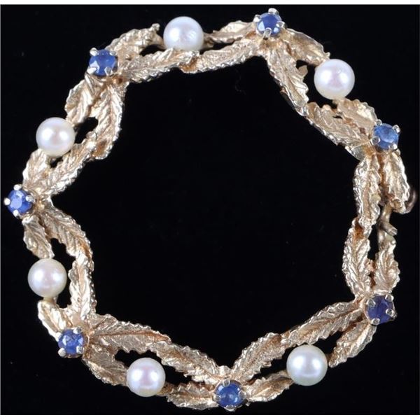 VINTAGE 14K YELLOW GOLD PEARL SAPPHIRE BROOCH