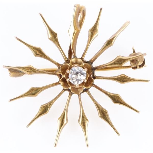 0.15CT DIAMOND 14K YELLOW GOLD SUNBURST BROOCH