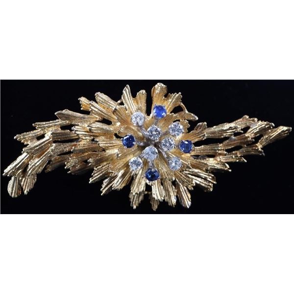 18K YELLOW GOLD DIAMOND SAPPHIRE LARGE BROOCH