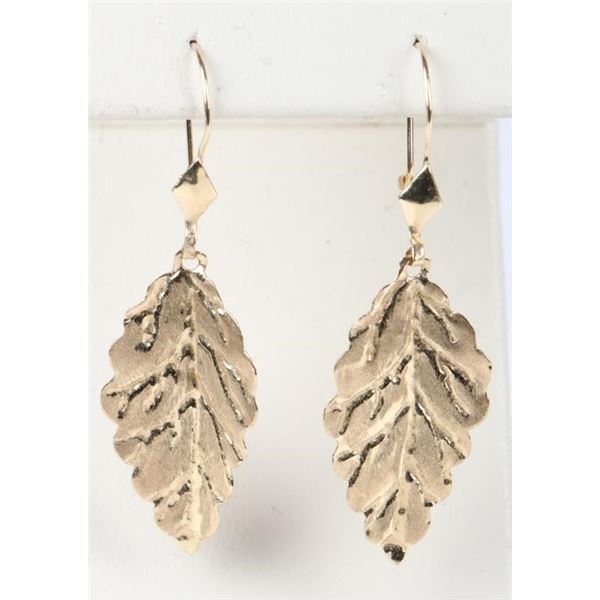 14K YELLOW GOLD LEAF SHAPED DANGLE LADIES EARRINGS