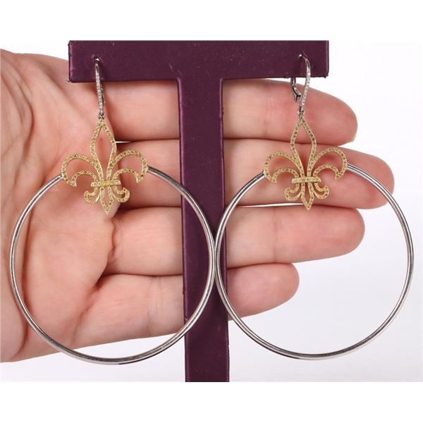 18K BI-GOLD FLEUR DE LIS DIAMOND HOOP EARRINGS