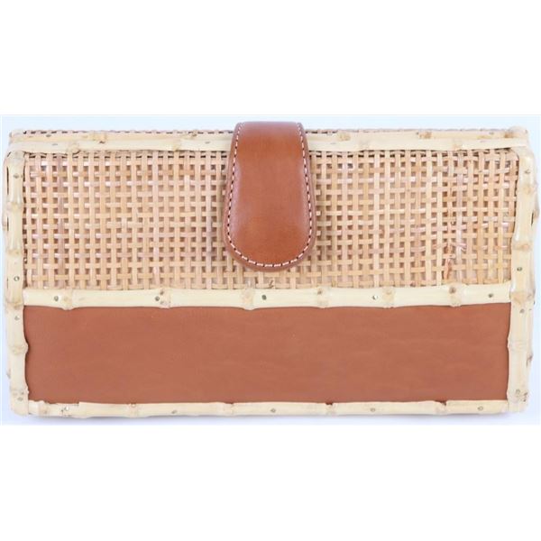 J. MCLAUGHLIN RAFFIA WICKER & LEATHER CLUTCH