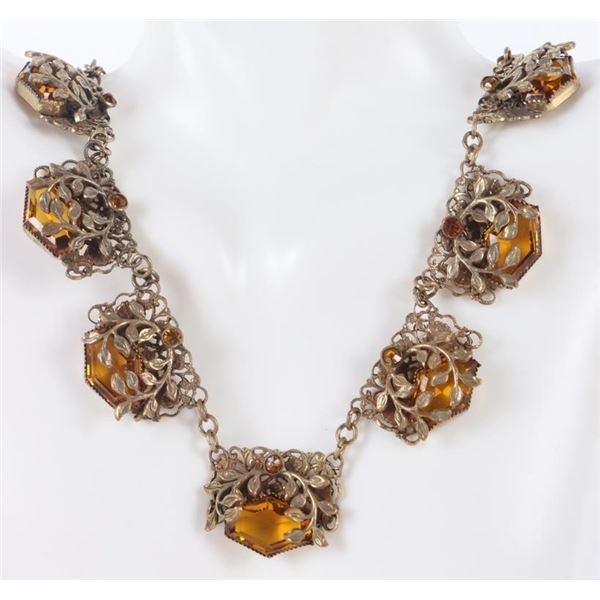 ANTIQUE GOLD TONED YELLOW GLASS  FLORAL NECKLACE