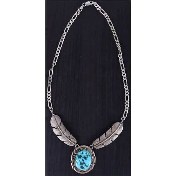 TURUOISE FEATHER SIGNED STERLING NECKLACE