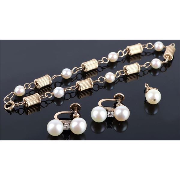 14K & 10K YELLOW GOLD MATCHING PEARL JEWELRY SET