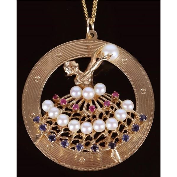 14K  PEARL SAPPHIRE RUBY BALLERINA  PENDANT