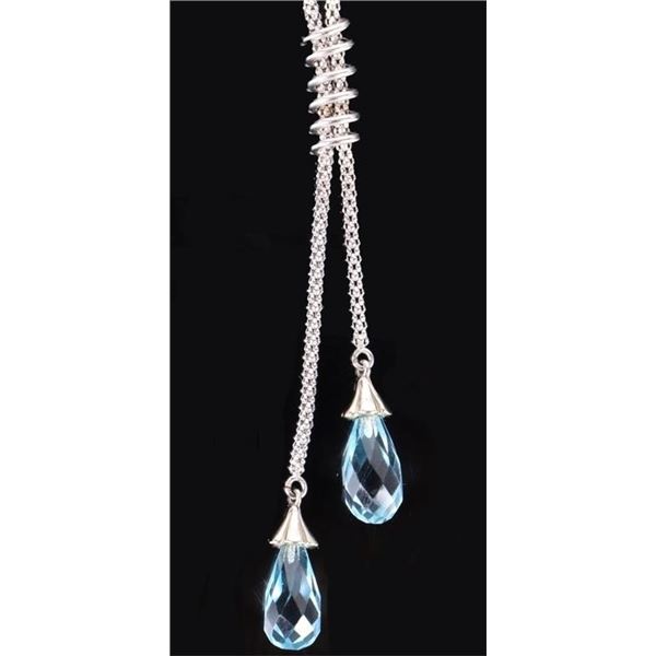14K WHITE GOLD DROP GENUINE BLUE TOPAZ NECKLACE